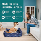 Orthopedic Bolster Dog Bed – CertiPUR-US Foam, Recycled Polyester Canvas, Washable Cover, Anti-Slip Bottom, Small, Navy Plaid – Stylish Designer Dog Sofa