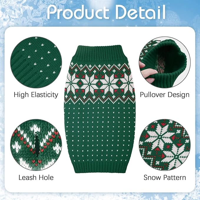 Kuoser Dog Sweater, Holiday Christmas Snowflake Pet Warm Knitwear Dog Sweaters Soft Puppy Clothing, Doggie Turtleneck Cold Weather Outfit Pullover for Small Medium Large Dogs Cats, Green M