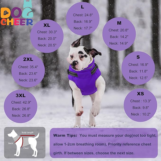 Dogcheer Dog Coat with Harness, Waterproof Warm Dog Winter Jacket with Pockets, Reflective Pet Fleece Jacket Turtleneck Snowsuit for Small Medium Large Dogs - Purple, XS