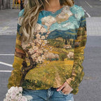 Long Sleeve Shirts for Women Cat Oil Painting Shirt 3D Graphic Sweatshirts Fall Pullover Crewneck Vintage Boho Tops