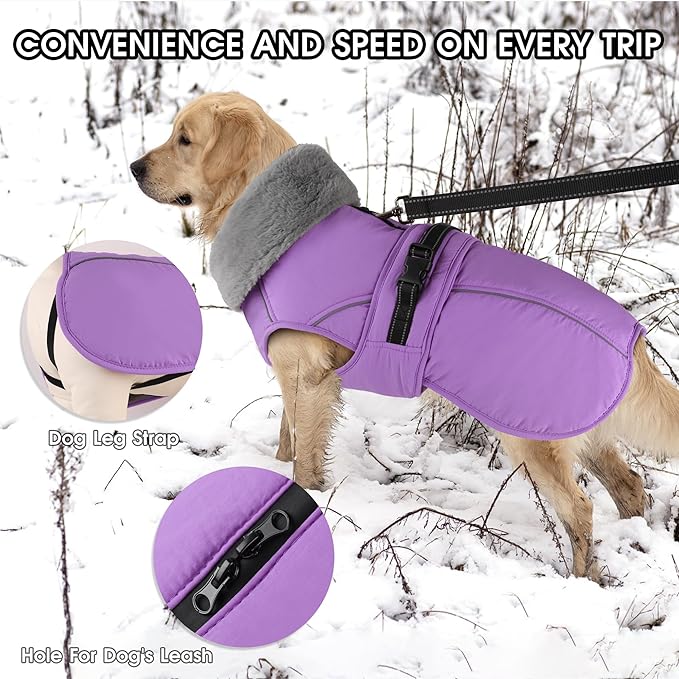 PETDSH Dog Coat Medium, Windproof Dog Jacket with Warm Fleece Lining, Thickened Collar Dogs Winter Coat, Adjustable Reflective Pet Coats for Cold Weather (Purple, Medium)