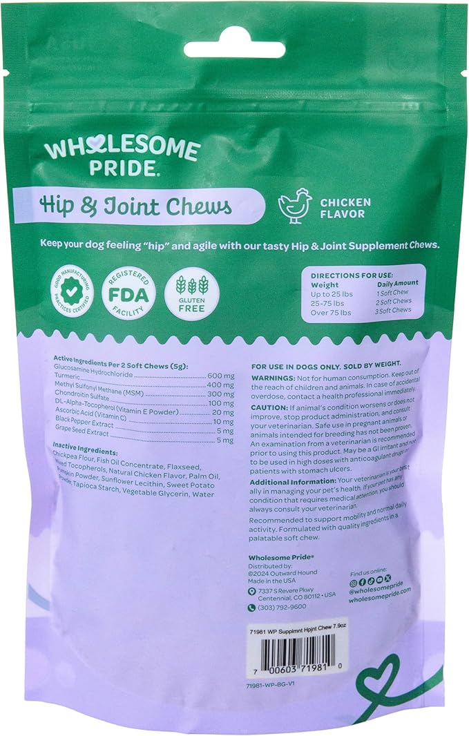Wholesome Pride Hip & Joint Supplement for Dogs – 90 Soft Chews – Glucosamine, Chondroitin, MSM & Turmeric – Mobility Support & Arthritis Relief for Growing, Adult & Senior Dogs