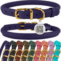 BronzeDog Rolled Leather Dog Collar with QR ID Tag, Adjustable Soft Round Collars for Small Medium Large Dogs Puppy (16" - 19" Neck Size, Violet)