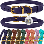 BronzeDog Rolled Leather Dog Collar with QR ID Tag, Adjustable Soft Round Collars for Small Medium Large Dogs Puppy (16" - 19" Neck Size, Violet)