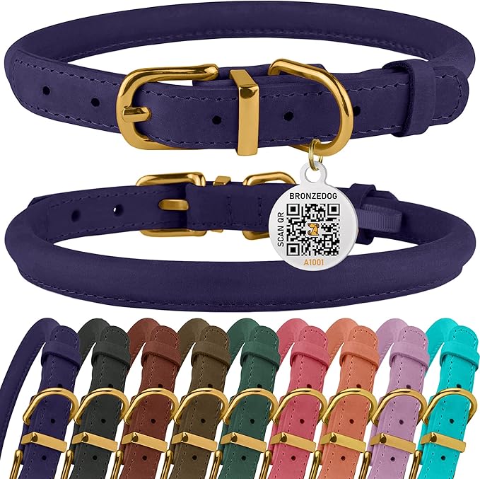 BronzeDog Rolled Leather Dog Collar with QR ID Tag, Adjustable Soft Round Collars for Small Medium Large Dogs Puppy (11" - 14 1/2" Neck Size, Violet)