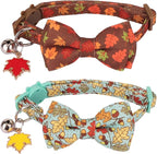 ADOGGYGO 2 Pack Fall Cat Collar with Removable Bow Bell, Brown Green, Halloween Thanksgiving Fall Collars for Cat Kitten