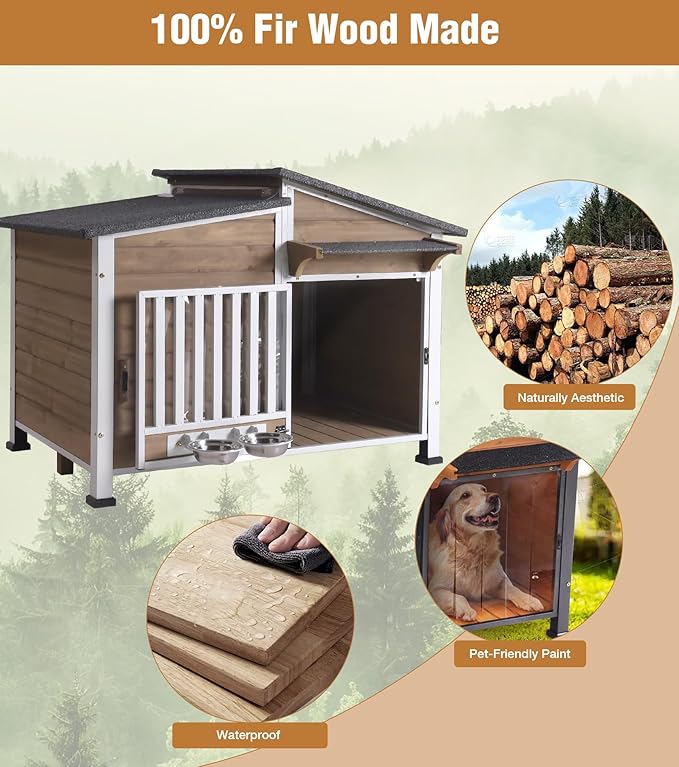 GUTINNEEN Heated Dog House Outdoor with Electric Heating Pad, Insulated Wooden Dog Kennel with 360° Rotating Feeding Bowl, Anti-Chewing Metal Frame, Brown