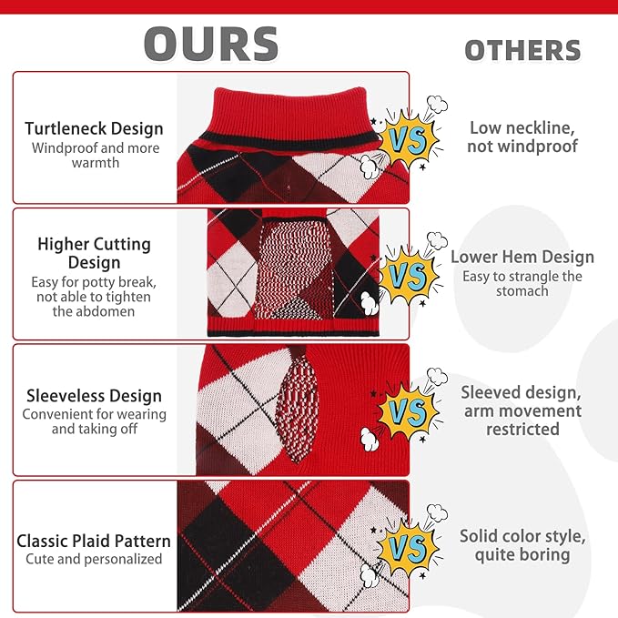 KOOLTAIL Dog Sweater for Small Dogs, Puppy Knitted Clothes - Classic Plaid Pullover Turtleneck Thick Warm Fall Cat Sweaters with Leash Hole, Dog Winter Clothes for Chihuahua Dachshund Girls Boys, XS