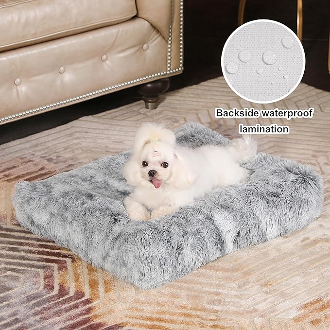 Bedfolks Waterproof Crate Bed, Plush Dog & Cat Bed with Removable Washable Cover, Faux Fur Kennel Pad, 23"x18", Dark Grey