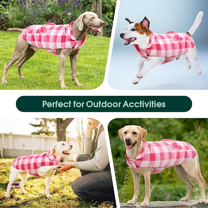 Kuoser Dog Winter Coat, Windproof Dog Fleece Jacket British Style Plaid Cold Weather Doggie Vest Coats, Reversible Cozy Warm Pet Clothes Apparel for Medium Dogs M