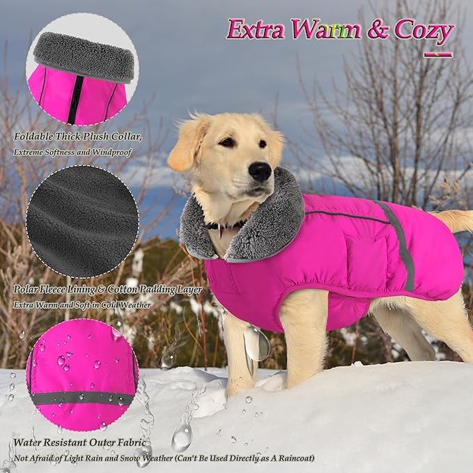 Dogcheer Warm Dog Coat, Christmas Dog Jacket Waterproof Puppy Winter Coat with Buckles, Reflective Adjustable Pet Snow Jacket Turtleneck Fleece Sweater for Small Medium Large Dogs - Pink, 2XL