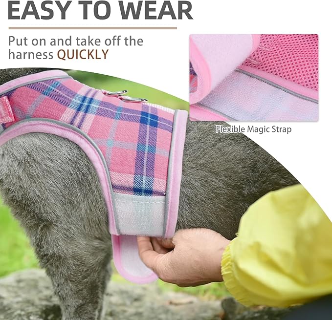PUPTECK Soft Mesh Cat Vest Harness and Leash Set Puppy Padded Pet Harnesses Escape Proof for Cats Small Dogs Rabbits Bunny, Plaid Pink, L