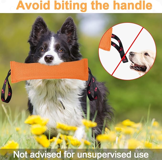 ToLanbbt Dog Tug Toy Bite Jute Pillow Pull Toy with 2 Strong Handles Perfect for Tug of War, Puppy Interactive Play, Tear Resistant Bite Training for Small Medium Large Dogs (Bright Orange-Footprint)