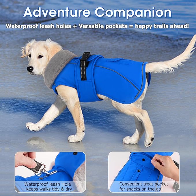Dogcheer Dog Coat with Pocket, Waterproof Dog Jacket with Adjustable Buckle, Reflective Puppy Winter Coat Warm Turtleneck Fleece SnowJacket for Small Medium Large Dogs - Blue 2XL
