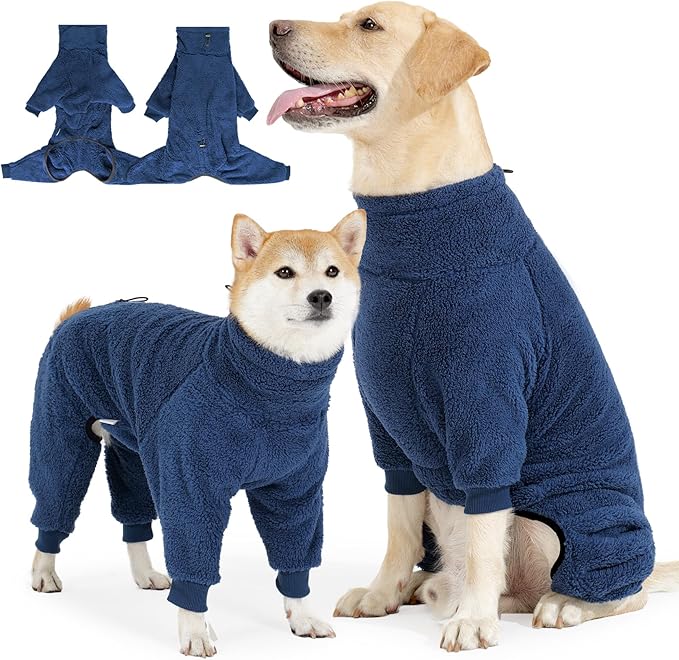Dog Winter Coat, Warm Fleece Jacket, Windproof Pullover Jumpsuit, Full Body Dog Pajamas Onesie, Cold Weather Clothes for Medium Large Dog(3Xlarge,NavyBlue)