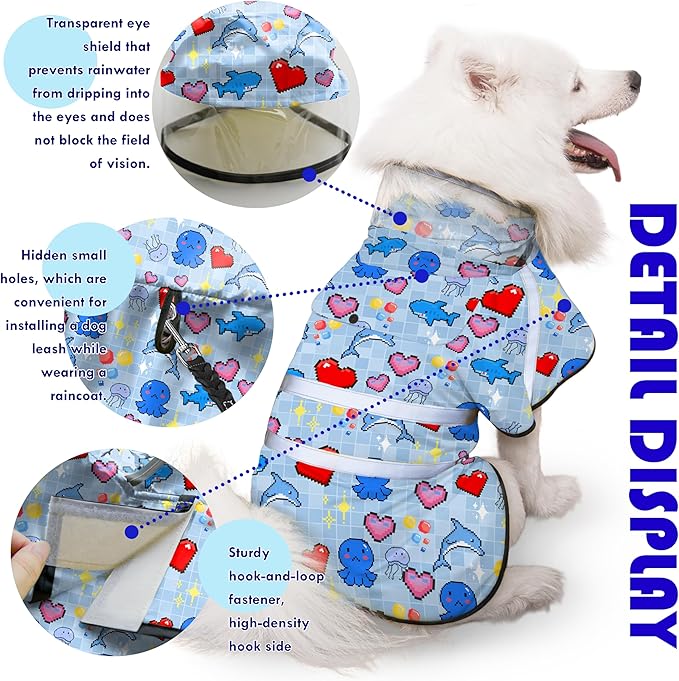 Dog Raincoat, Adjustable Rain Jacket with Hooded Double Layer for Large Medium Small Dogs Puppies, Lightweight Waterproof Rain Coat Poncho with Reflective Stripe Ocean Dolphin Blue,S