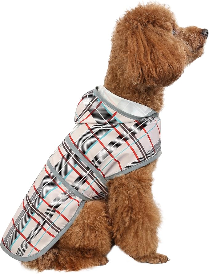 Dog Raincoat for Small Dogs Puppies Waterproof Hooded Rain Jacket with Reflective Strips Leash Hole & Poncho Adjustable Fit (Plaid,XS)