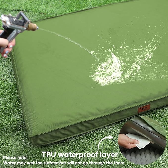 Outdoor Large Washable Dog Bed, Orthopedic Egg Crate Foam Dog Crate Mat for Large Dogs with Removable Oxford Cooling Cover, Light Green