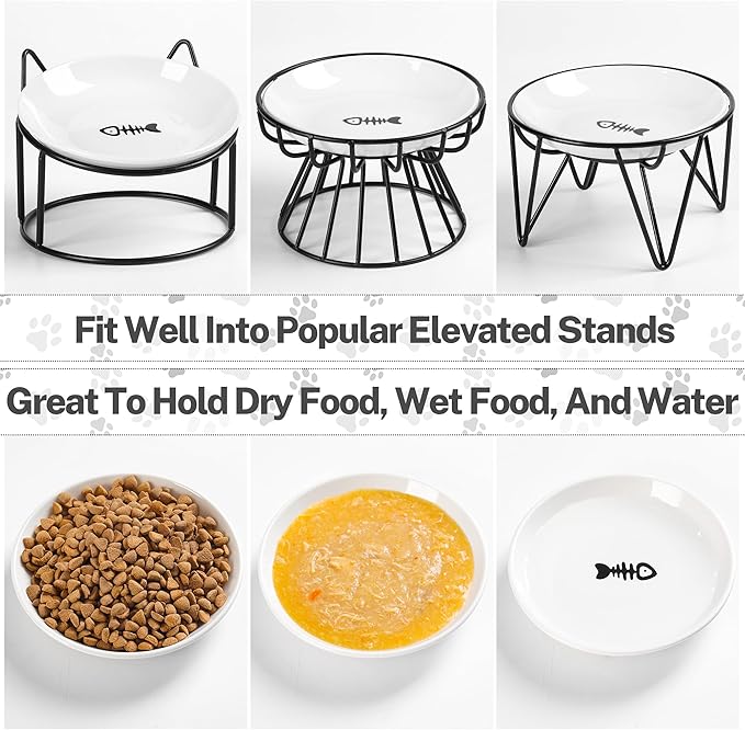 Cat Food Bowls, Whisker Friendly Ceramic Cats Bowls with Nonslip Silicone Bottom, Pack of 6 Quiet Dishes and Plates for Feeding Indoor Cats, Kittens and Small Dogs(Fishbone + Cat Paw)
