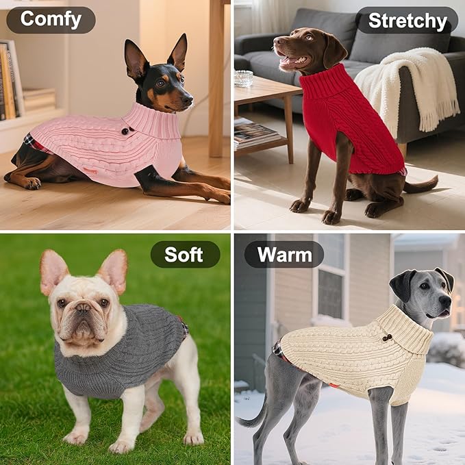 KYEESE Dog Sweater Soft Pullover Dog Sweaters for Medium Dogs Girl Warm Turtleneck Medium Dogs Sweater Stretchy Knitwear Cat Clothes with Gingham Patchwork Thick Pet Coat for Fall Winter Cold Weather