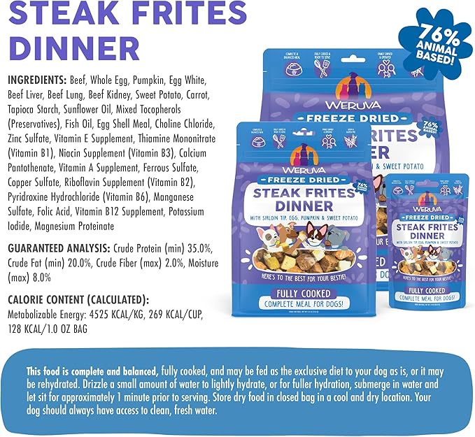 Weruva Dog Freeze Dried, Steak Frites Dinner with Sirloin Tip, Egg, Pumpkin & Sweet Potato, 1oz Bag