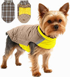 Quilted Dog Winter Coat, Plaid Lined Reversible Vest, Reflective Safety Strip, Cold Weather Pet Apparel Yellow S