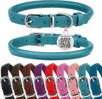 BRONZEDOG Rolled Leather Dog Collar for Small Medium Large Dogs with QR ID Tag (L: 16-18 Inch, Teal)