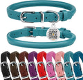BRONZEDOG Rolled Leather Dog Collar for Small Medium Large Dogs with QR ID Tag (S: 12-14 Inch, Teal)