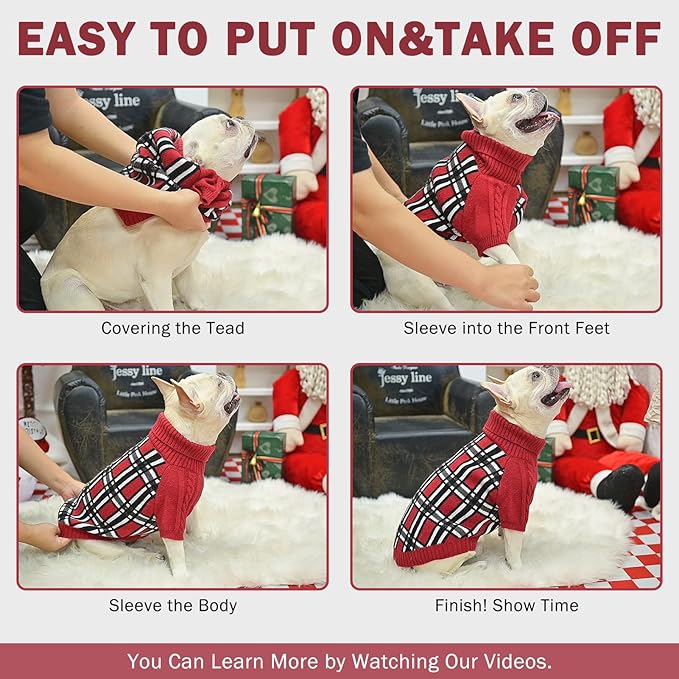 SCENEREAL Turtleneck Dog Sweater for Small Medium Large Dogs Girls Boys, Christmas Plaid Pullover Puppy Sweatershirt, Dogs Cold Weather Outfit Clothes, Ideal Gift for Pet in New Year, Red Plaid M