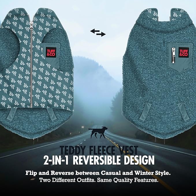 Tuff Pupper Reversible Fleece Sweater Vest for Dogs | Lightweight Comfortable Insulated Jacket | Front Zip Closure | Machine Washable | Built-in Leash Hole | Sizes for All Breeds (Large, Teal)
