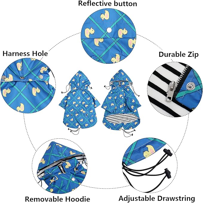Morezi Dog Zip Up Raincoat with Reflective Buttons, Rain/Water Resistant, Adjustable Drawstring, Removable Hood, Raincoats with Legs 8lbs to 80lbs Available - Grid Blue - XL