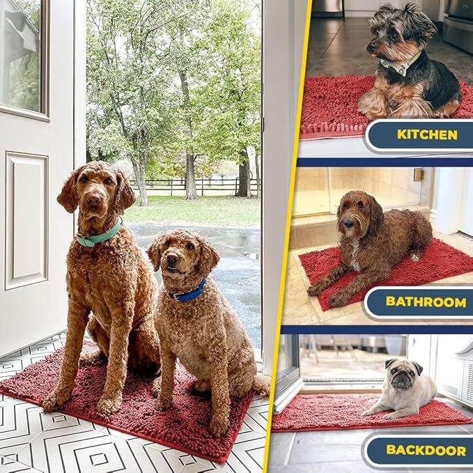 Muddy Mat® AS-SEEN-ON-TV Highly Absorbent Microfiber Door Mat and Pet Rug, Non Slip Thick Washable Area and Bath Mat Soft Chenille for Kitchen Bathroom Bedroom Indoor and Outdoor - Red 36" x 120"