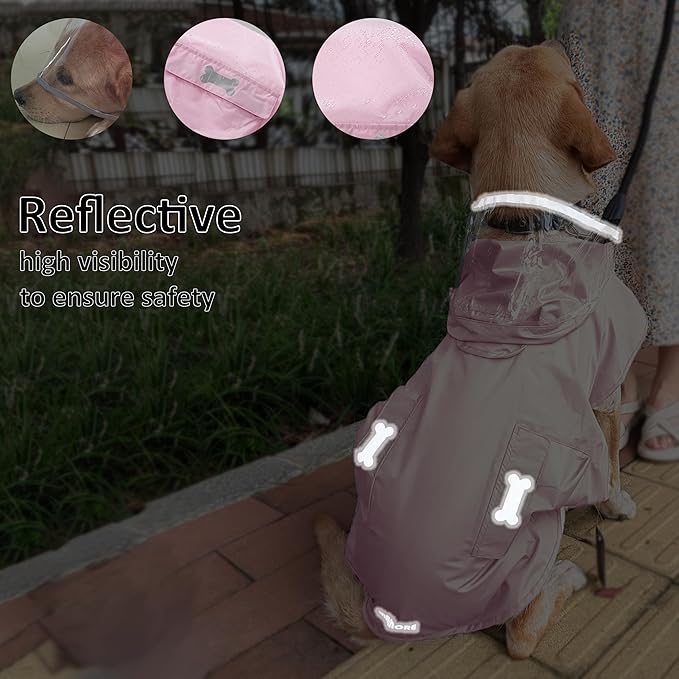 Waterproof Dog Raincoat, Adjustable Reflective Lightweight Pet Rain Clothes with Poncho Hood (Light Pink, XX-Large)