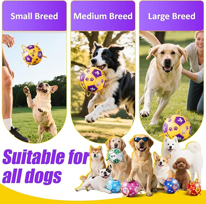 Size 3 Dog Soccer Ball with Straps Durable Training Ball for Pets Interactive Outdoor Dog Toy,Yellow & Purple, Paw and Puppy Design, for Medium & Large Puppie