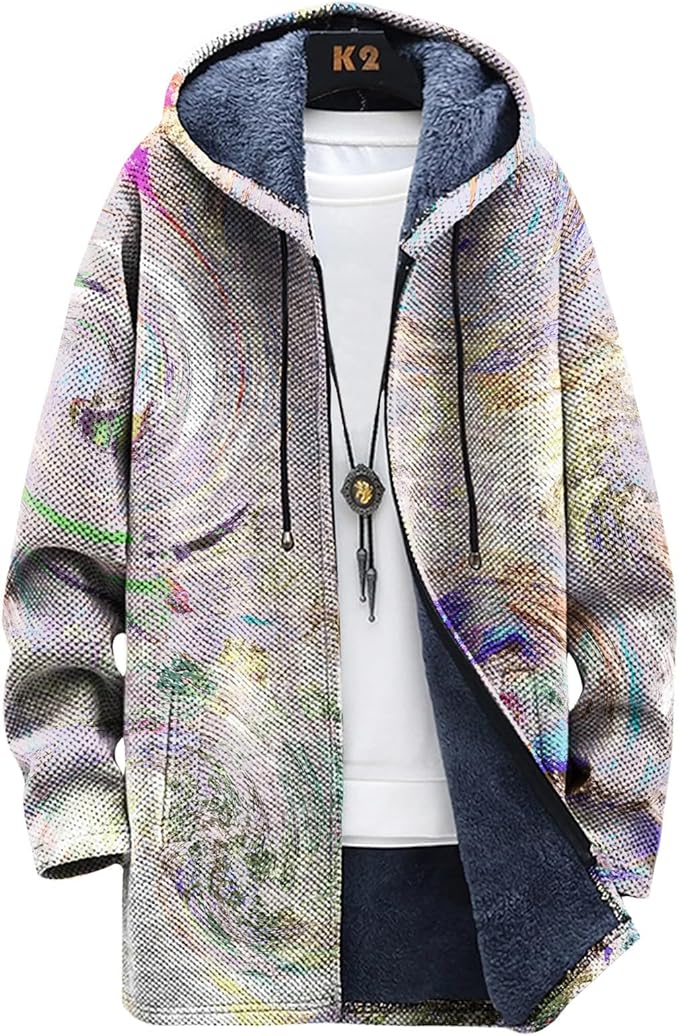 LIZALIG Long Hooded Cardigan Men Japanese Art Style Fashion Cool Graphic Coats Winter Warm Lined Fleece Jacket