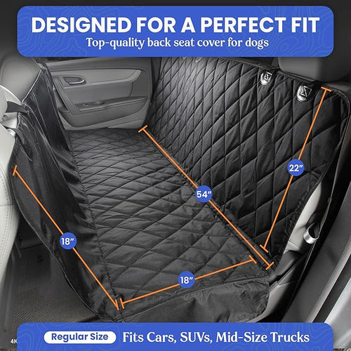 4Knines Dog Backseat Cover with Hammock for Cars, SUVs, and Trucks – Waterproof Layers, Nonslip Seat Protector, Durable Nylon Clips, K9 Shield with Heavy Duty Thread, (Regular, Black)