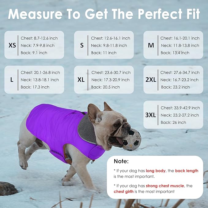 Dog Winter Coat, Waterproof Dog Jacket with Leash Hole, Reflective Adjustable Pet Snow Vest, Warm Fleece Sweater for Small Medium Large Dogs - Purple, 2XL