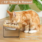 Sunhoo Ceramic Elevated Cat Bowls Raised Puppy Dishes for Food and Water Tilted Wooden Stand for Indoor Cats 5.5 inch Wide Double Dish Orthopedic Reduces Vomiting (Yellow&Brown)