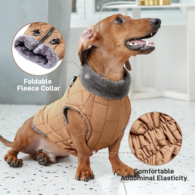 Warm Fleece Dog Coats with Durable Harness Buitl in D-Ring,Waterproof Puppy Jacket for Small Dogs,Dog Vest for Cold Winter,Burnished Khaki XS