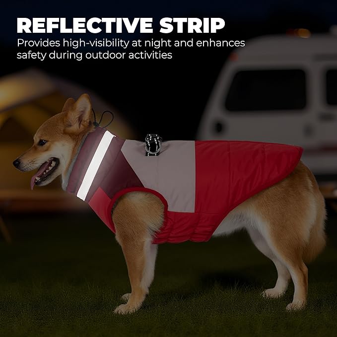Dog Winter Coat, Reflective Dog Coats for Large Dogs, Waterproof Windproof Pet Clothes Jacket with Harness Built in, Warm Cold Weather Coats, Dogs Snowsuit Vest, Red XX-Large