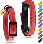 Leather Cat Collar with Bell and Safety Elastic Strap Breakaway Alternative for Small & Large Kittens, Stylish Pet Leather Collar for Boy, Girl Cats with Metal Buckle & QR ID Tag (Red)