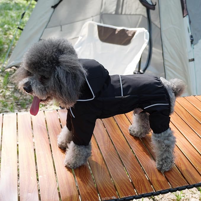 LOVELONGLONG Fleece-Lined Dog Raincoat with Removable Hood – Waterproof Winter Full Body Dog Jacket – Windproof Snowproof Cold-Weather Suit – Black-F S