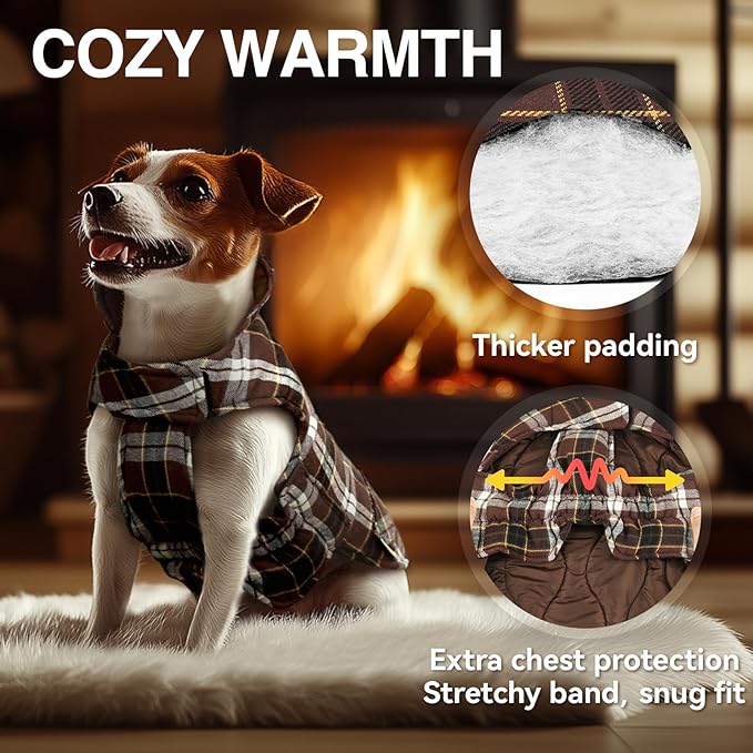 VIVAGLORY Softjoy Dog Coat, Dog Jacket for Winter & Christmas, Coat with Harness Hole & Velcro Closure, Reversible Plaid Checkered Warm Fluffy Heavy Duty for Puppy, L, Coffee