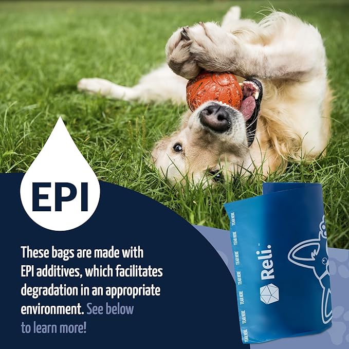 Reli. Biodegradable Dog Poop Bags Rolls (600 Pack, 40 Rolls) | 9"x13" Poop Bags for Dogs | Unscented, Leak Proof Oxobiodegradable Pet Waste Eco-Friendly | Blue | Leash Clip Holder Included