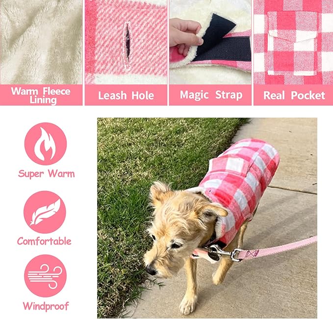 Malier Classic Plaid Fleece Dog Coat Jacket with Pocket, Windproof Warm Winter Pet Apparel for Small Medium Large Dogs (Pink, Large)