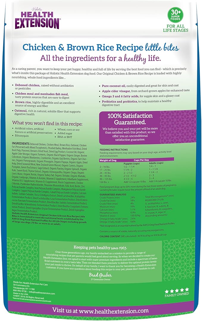 Health Extension Little Bites Dry Dog Food for Toy and Small Breeds, Chicken & Brown Rice Recipe, with Probiotics & Superfoods for Digestion & Coat Health, 30 lb Bag (Pack of 1)