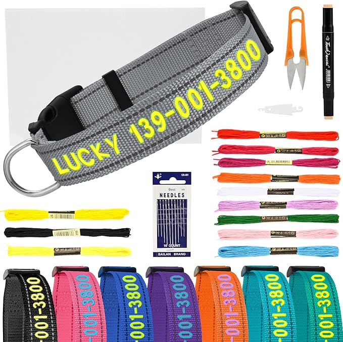 DIY Personalized Embroidered Dog Collar - Custom Hand-Stitched Name & Number, Reflective Adjustable Pet Collar for Small/Medium/Large Dogs & Cats, Durable Nylon with Steel D-Ring (Gray, Large)