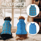 VIVAGLORY Softjoy Dog Coat, Dog Jacket for Winter & Christmas, Coat with Harness Hole & Velcro Closure, Reversible Plaid Checkered Warm Fluffy Heavy Duty for Puppy, M, Blue