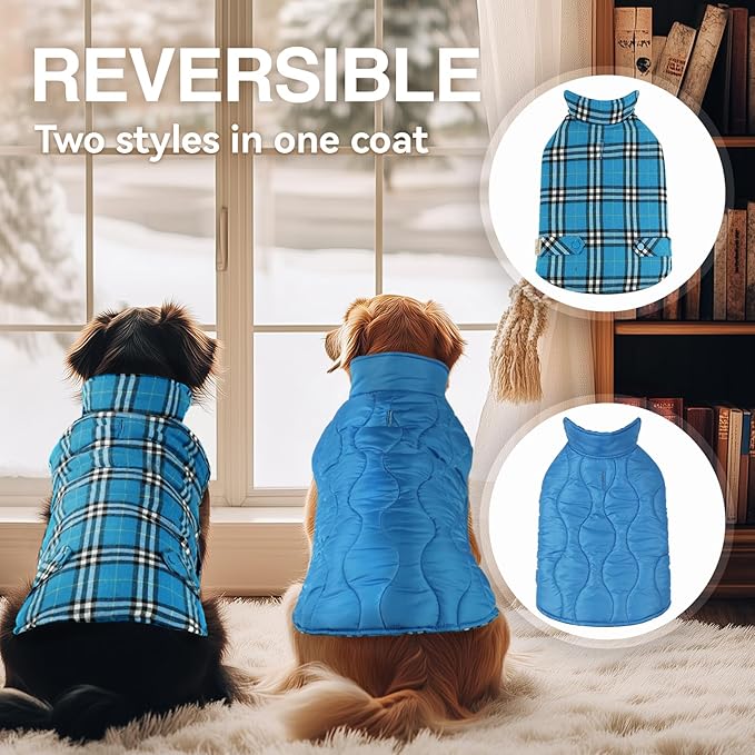 VIVAGLORY Softjoy Dog Coat, Dog Jacket for Winter & Christmas, Coat with Harness Hole & Velcro Closure, Reversible Plaid Checkered Warm Fluffy Heavy Duty for Puppy, L, Blue