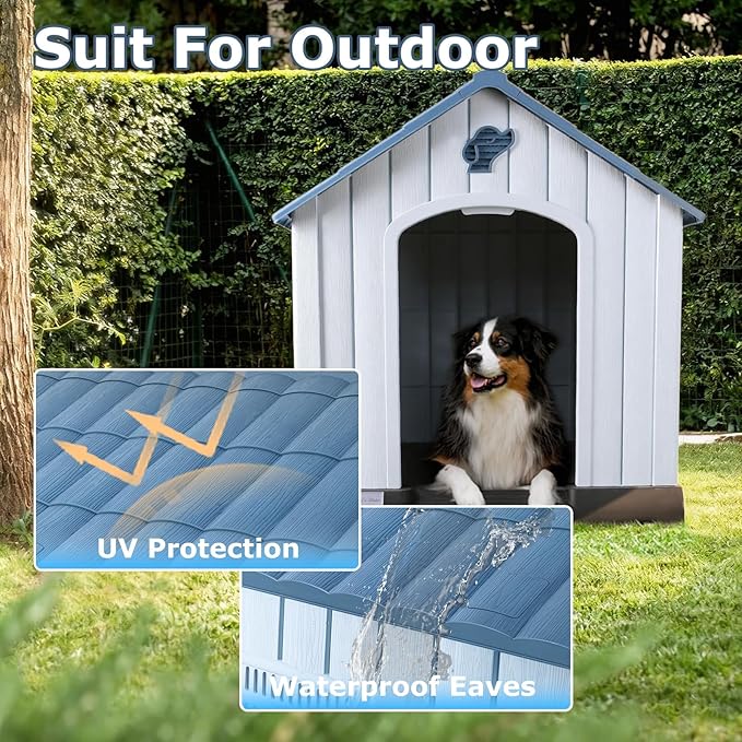 LEMBERI Large Plastic Dog House for Medium Large Dogs, Durable Waterproof Indoor Outdoor Doghouse with Air Vents and Elevated Floor, Easy to Assemble (Blue, 38.7" L x 36.8" W x 39.1" H)